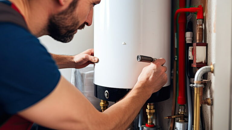 Technicien installant un chauffe-eau thermodynamique dans une maison, réglant les connexions pour assurer un fonctionnement efficace du système de chauffage de l'eau.