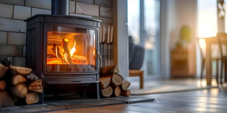 Poêle à bois moderne dans un salon chaleureux avec des bûches prêtes à être utilisées pour le chauffage, offrant une ambiance conviviale et écologique.